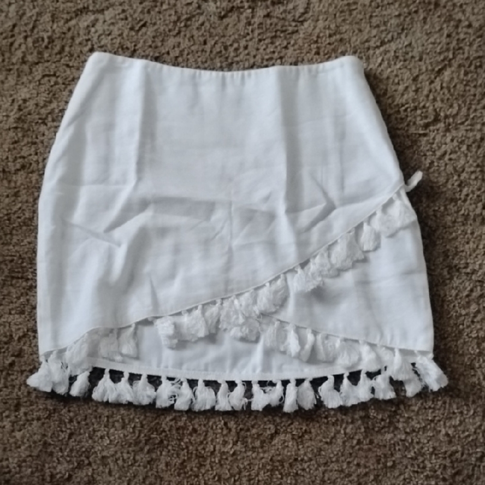 Vici White Tassel-Trim Wrap Mini Skirt